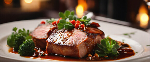  succulent red-cooked pork, glistening with a rich, caramelized sauce. The pork is presented on a fine porcelain plate, with steam gently rising, capturing its fresh, hot appeal