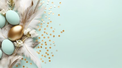 Blue and Gold Background With Feathers and Eggs - obrazy, fototapety, plakaty