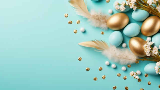 Blue and Gold Background With Eggs, Feathers, and Flowers