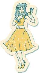 distressed sticker tattoo style icon  of a pinup surprised girl