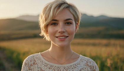 Young Blonde Woman with Freckles Smiling in Soft Sunlight - Creative Pixie Cut Portrait