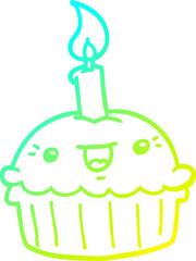 cold gradient line drawing cartoon cupcake with candle