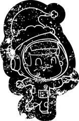 happy cartoon distressed icon of a astronaut man wearing santa hat