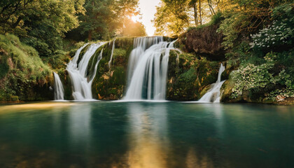Obrazy na Plexi  Piękny , klimatyczny dziki wodospad. Złota godzina, dekoracja. Generative AI