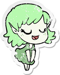 distressed sticker of a happy cartoon elf girl