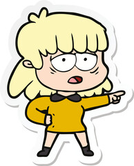 sticker of a cartoon tired woman pointing