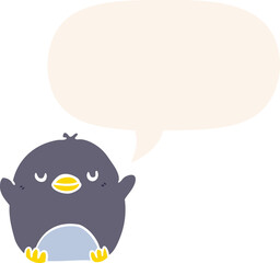 cute cartoon penguin and speech bubble in retro style