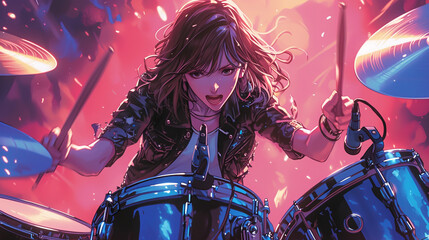 Stylized image woman play drums