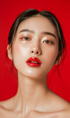 Portrait of young beautiful Asian woman with perfect smooth skin and red lips isolated over red background, concept of plastic surgery, cosmetology, skin care