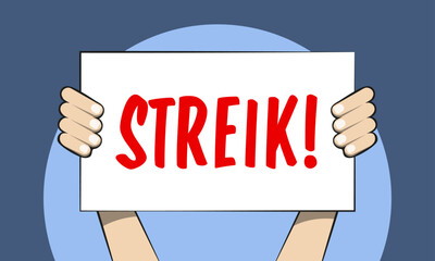 Hände halten Streik Schild hoch vor blauem Hintergrund - obrazy, fototapety, plakaty