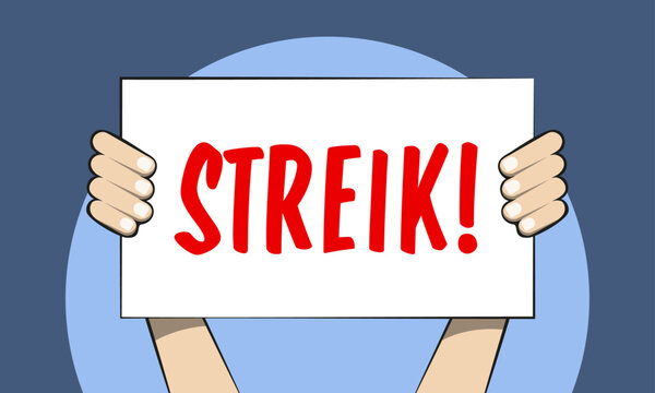 Hände halten Streik Schild hoch vor blauem Hintergrund
