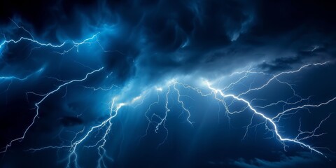 Electric lightning storm, with jagged streaks of blue and white against a dark sky