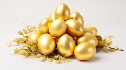 Easter Decoration. Golden Eggs on Dark white Background, 