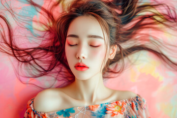 Beautiful woman with red lips and glamorous makeup in elegant studio portrait, woman sleeping with her eyes closed on the floor, Colorful pastel theme