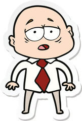sticker of a cartoon tired bald man in shirt and tie
