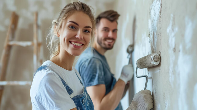 cheerful woman and man paint the wall in the room beige with rollers, husband and wife are making repairs in their new home