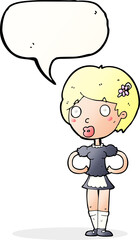 cartoon woman in french maid outfit with speech bubble