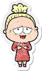 distressed sticker of a cartoon happy old lady