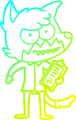 cold gradient line drawing cartoon grinning fox with clipboard