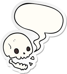 Obraz premium cartoon spooky skull and speech bubble sticker