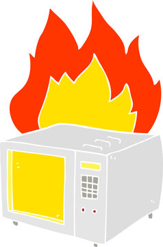 recommend clip art: flat color illustration of a cartoon microwave on fire