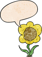 cartoon flower and speech bubble in retro texture style
