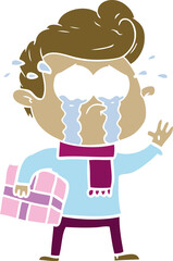 flat color style cartoon crying man with present