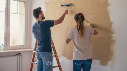 cheerful woman and man paint the wall in the room beige with rollers, husband and wife are making repairs in their new home