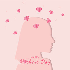 Mother's day greeting card. Woman silhouette with pink background, pink hearts. Vector festive mom postcard, cover, banner, social media