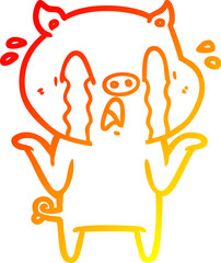 warm gradient line drawing crying pig cartoon