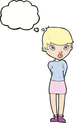 cartoon shy woman with thought bubble
