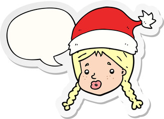 cartoon girl wearing christmas hat and speech bubble sticker