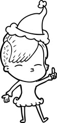 line drawing of a squinting girl wearing santa hat