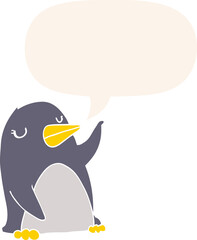 cartoon penguin and speech bubble in retro style