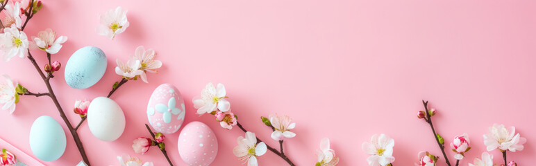 Fototapeta na wymiar Banner with Easter eggs and spring flowers on a pink background.