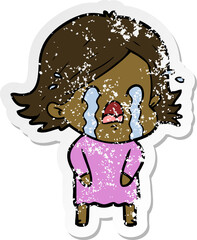 distressed sticker of a cartoon woman crying
