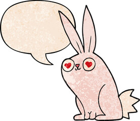 cartoon bunny rabbit in love and speech bubble in retro texture style