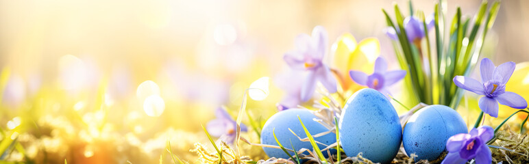 Easter eggs in nest with crocuses and snowdrops on bokeh background