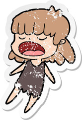 distressed sticker of a cartoon woman talking loudly