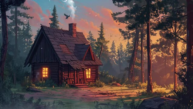 A cabin in the middle of a forest with fog and trees on the mountain side  Seamless looping 4k time-lapse virtual video animation background. Generated AI	