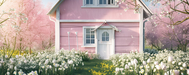 Beautiful spring garden with white tulips and pink house. 
