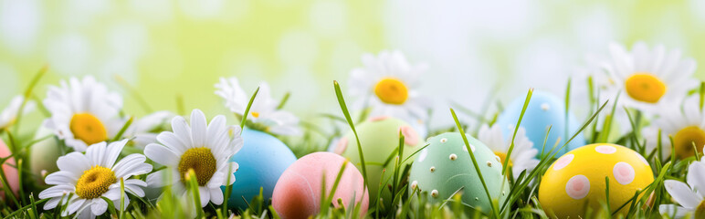 Easter eggs in the grass with daisies on green background
