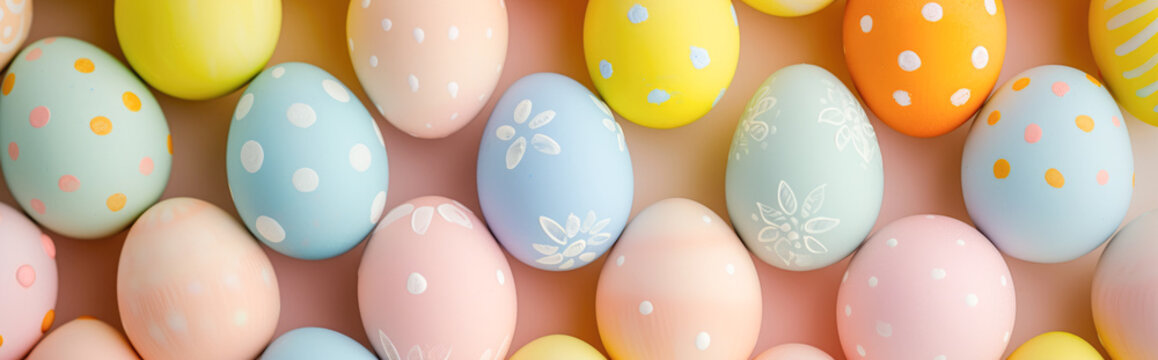 Colorful pastel easter eggs background. Happy Easter banner.