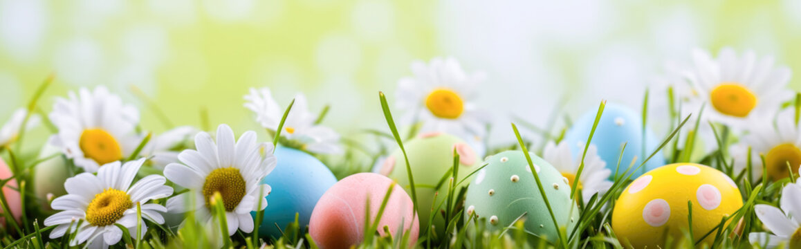 Easter eggs in the grass with daisies on green background