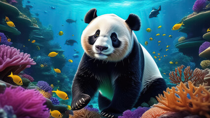 A giant panda in the deep blue sea. Generative AI