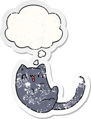 cartoon cat and thought bubble as a distressed worn sticker