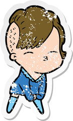 distressed sticker of a cartoon squinting girl