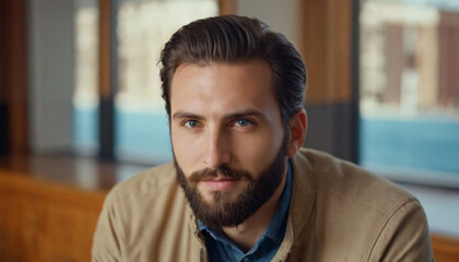 Elegant Young Man with Beard and Glasses - Confident Sitting Portrait in Office Setting