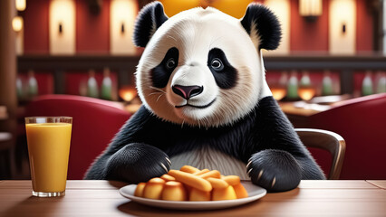 panda eating food in the restaurant. Cartoon panda. Generative AI