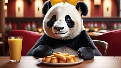 Poster panda eating food in the restaurant. Cartoon panda. Generative AI © Sarbinaz Mustafina